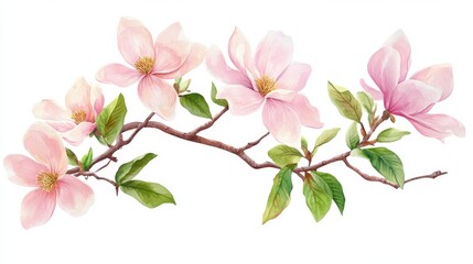 28.A vibrant watercolor vector illustration of blooming pink magnolia flowers on a tree branch. The soft, light pink petals contrast beautifully with the rich green leaves, creating a fresh and