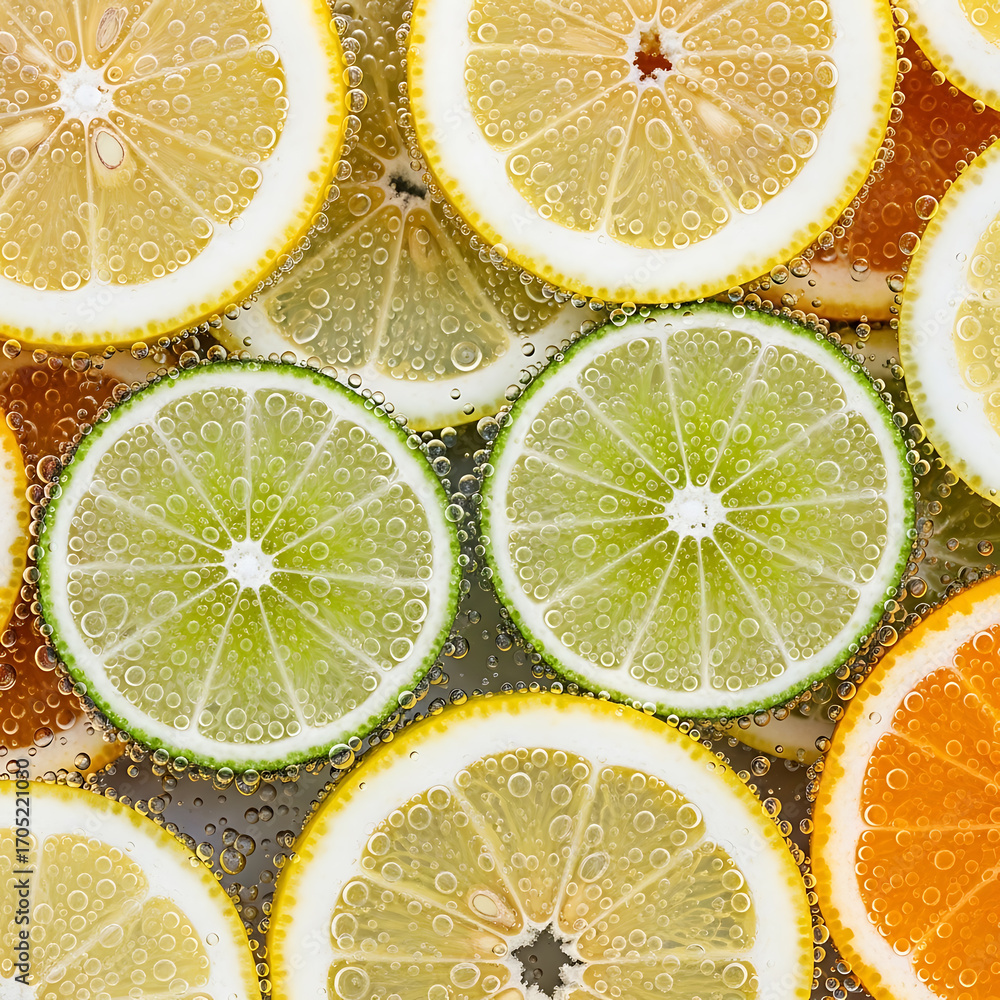 Poster slices of lemon, lime, and orange citrus fruits are submerged in sparkling water with bubbles floati