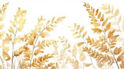 75.A watercolor illustration of golden fern branchlets delicately painted on a white background, capturing the beauty of nature in soft, metallic gold. This postcard design evokes a sense of calm and