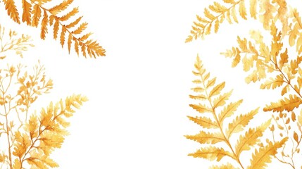 74.A beautifully hand-drawn watercolor postcard featuring delicate golden fern branchlets on a crisp white background. The soft, earthy golden tones of the fern leaves stand out elegantly against the