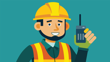 Fototapeta premium Construction worker smiling while holding radio device, ready for communication on site
