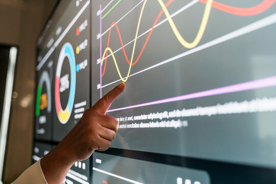 Hand pointing at interactive dashboard with analytics graphs and charts on a large touchscreen display, highlighting data trends and performance metrics in a modern digital workspace. - Powered by Adobe