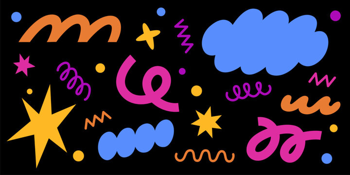 Naklejki Retro abstract flower elements with cloud shape patterns and colorful geometric forms for modern design. Vibrant pink swirls, orange waves, and blue shapes and yellow stars on black background.