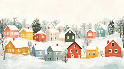 Fototapeta premium 81.A beautiful watercolor illustration of northern colorful houses, each house uniquely painted in bright hues, set against a serene, scenic background. This postcard design captures a sense of cozy,