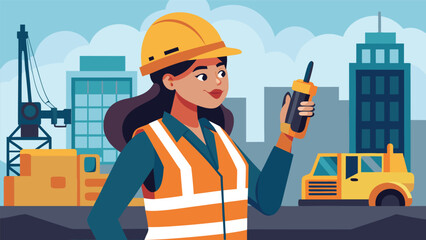 Construction worker communicates on site while wearing safety gear and taking charge of operations