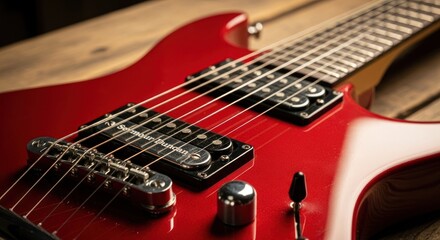 Glossy red electric guitar on rustic wooden planks in soft, shallow focus