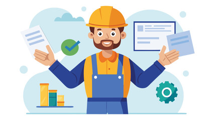 Construction worker reviewing plans and documents in a project office setting