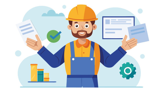 Construction worker reviewing plans and documents in a project office setting