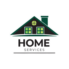 Home Services Logo &ndash; Green Roof House with Windows, Chimney, Circular Window, Bold HOME Text &ndash; Real Estate Vector Branding Design