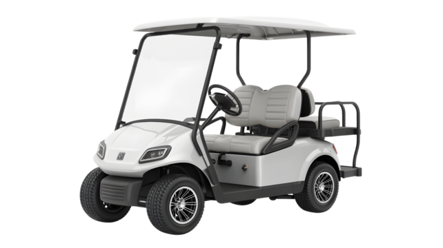 Sleek white modern golf cart with comfortable seating and stylish design for recreational use