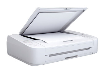 White printer with open output tray