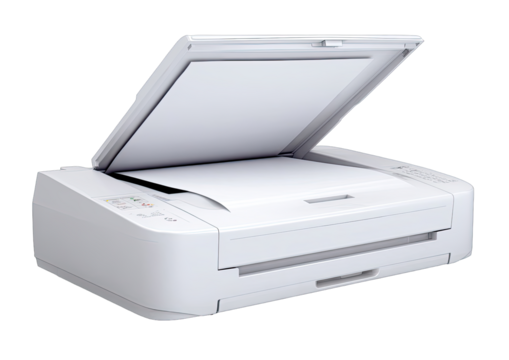 White printer with open output tray