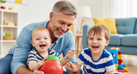 Joyful family time with grandfather and grandchildren playing indoors, embracing bonding and laughing together in a cozy living room setting