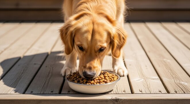 Golden retriever enjoying meal outdoors on sunny deck