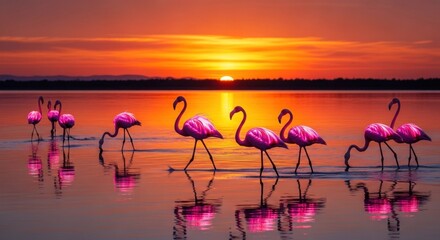 Naklejka premium Pink flamingos gracefully walk along a serene lake at sunset, their vibrant plumage reflecting the fiery hues of the sky.