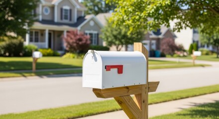Neighborhood scenery with white mailbox on wooden post in suburban area