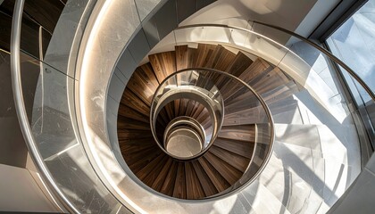 Architectural detail of a spiral staircase with transparent glass and polished wooden steps. The elegant, curved form creates a mesmerizing pattern leading upward