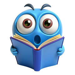Fototapeta premium A blue cartoon character with large eyes reading an open book with a surprised expression on its face