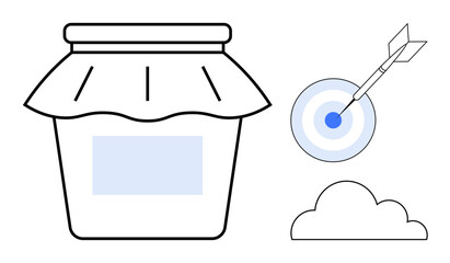 Jar with a cloth lid, a dart hitting the center of a target, and a cloud outline. Ideal for precision, creativity, simplicity, marketing, focus productivity minimalism. A simple flat metaphor