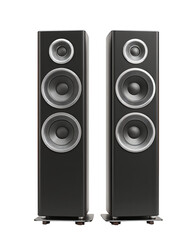 Fototapeta premium Modern black tower speakers with brushed aluminum driver surrounds, slim design and clean lines, isolated on transparent background. 