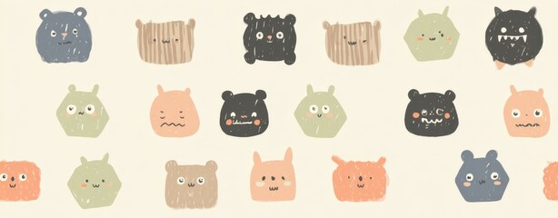 kawaii monster friends Cute Hand-Drawn Cartoon Animal Faces in Various Expressions and Colors on Light Background a kawaii monster friends seamless pattern