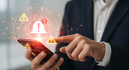Businessman pressing on a smartphone screen that displays a notification bell icon, accompanied by other warning signs in a digital overlay.