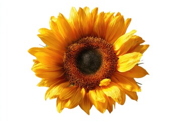 Fototapeta premium A vibrant yellow sunflower, fully bloomed, isolated on a white background; its dark brown center is surrounded by numerous bright yellow petals, some slightly drooping