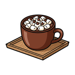 Brown mug of hot chocolate with marshmallows and chocolate chips on a wooden saucer vector