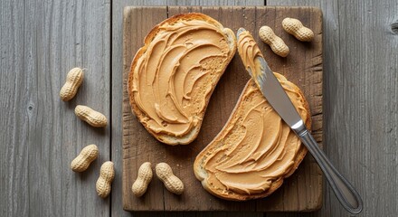 Two slices of bread spread with creamy peanut butter on a wooden board with peanuts