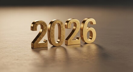 Golden "2026" on a surface, lit dramatically for shadow and highlights