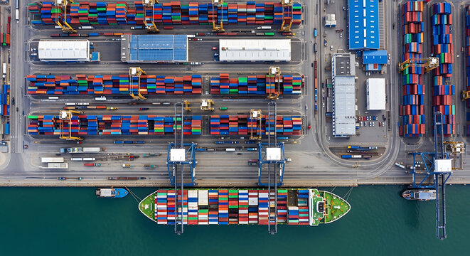 Aerial view of a container ship docked at a shipping port terminal with rows of colorful stacked containers.