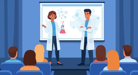 Scientists presenting research at a medical innovation forum during a professional conference