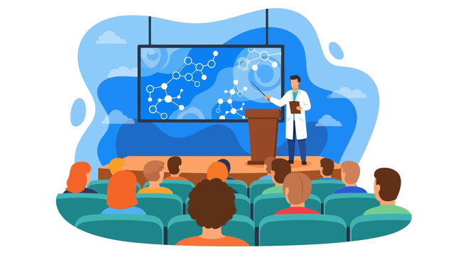 A scientist giving a presentation at a professional medical conference and educational science forum