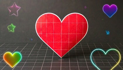 Red Wireframe Heart with Neon Stars and Hearts Chromatic Glow