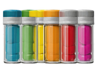 Colorful pill bottles in a row