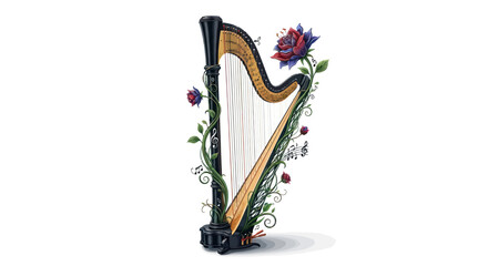 An elegant harp adorned with delicate vines and enchanting roses against a pristine white backdrop