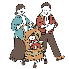 お出かけする両親と赤ちゃん_秋色_カジュアル