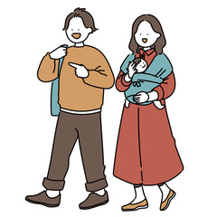 お出かけする両親と赤ちゃん_秋色_キュート