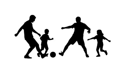 Black silhouette art featuring two adults and two children joyfully playing soccer together on a