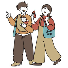 お出かけする両親と赤ちゃん_秋色_ナチュラル