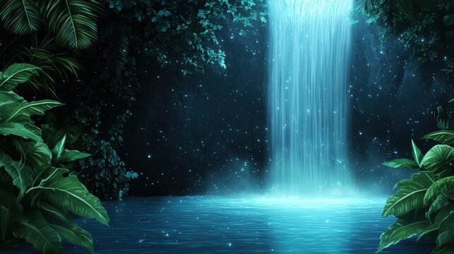 Fantasy summer image with a glowing waterfall in the background and exotic plants surrounding it.