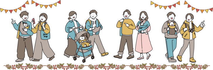 お出かけする両親と赤ちゃんセット