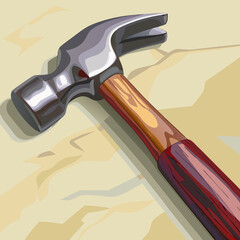 Realistic Claw Hammer on Wooden Background, Construction Tool Vector Illustration.