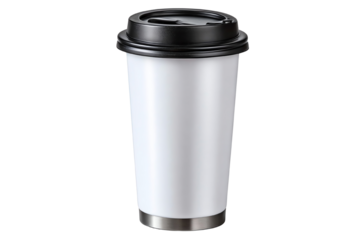 Takeaway coffee cup with black lid, isolated on white background for branding and design purposes.