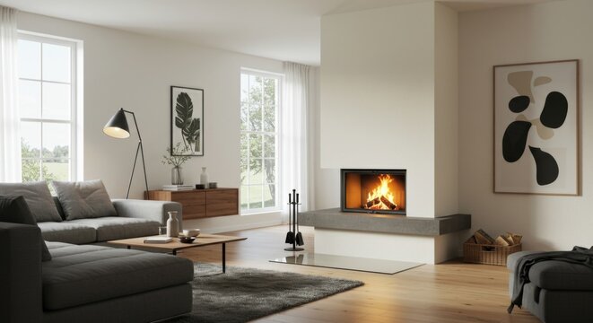 Cozy modern living room interior with fireplace and stylish decoration for relaxation and comfort - Powered by Adobe