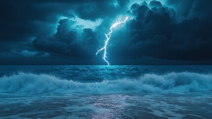 Summer lightning reflecting on the ocean waves, lighting up the dark waters.