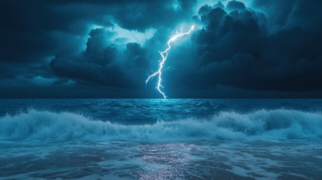 Summer lightning reflecting on the ocean waves, lighting up the dark waters.