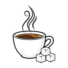 White coffee cup with steaming brown liquid and three sugar cubes vector