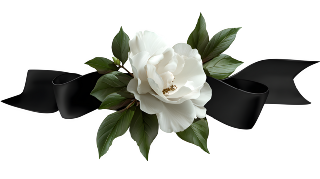 White Peony with Black Ribbon, isolated on transparent background - Powered by Adobe