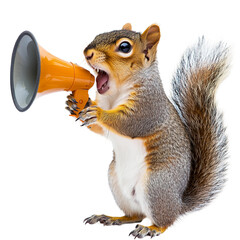 Fototapeta premium Squirrel holds megaphone,PNG,transparent background,clipart,concept of animal advertising